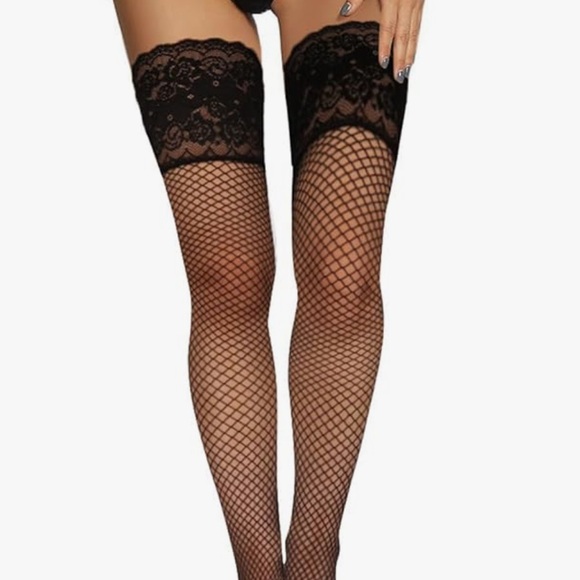Black fishnet thigh high OTK sock lace corset burlesque garter belt lingerie new - Picture 6 of 12